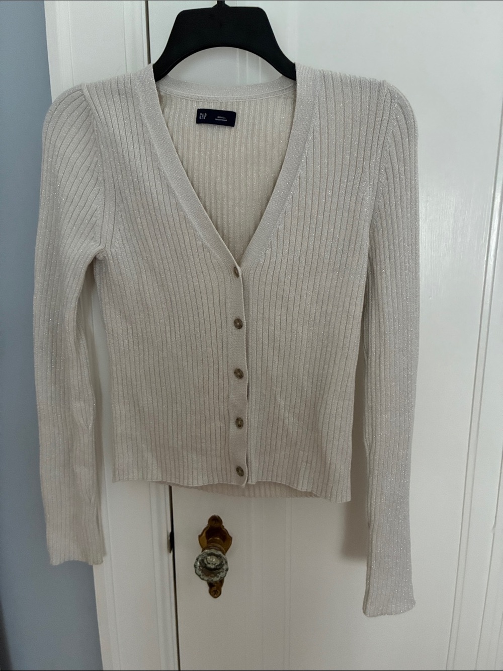 GAP Cream Ribbed V-Neck Button-Up Cardigan with Metallic Thread